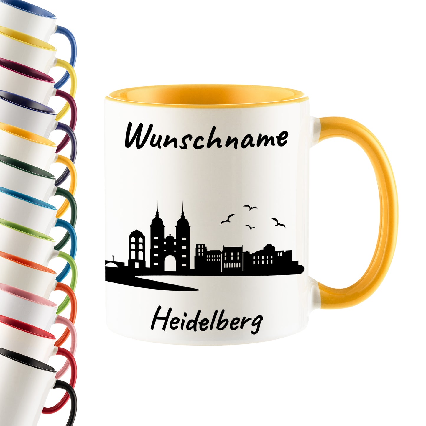 Tasse in Goldgelb 330ml bedruckt mit der Skyline von Heidelberg personalisierbar mit Wunschname