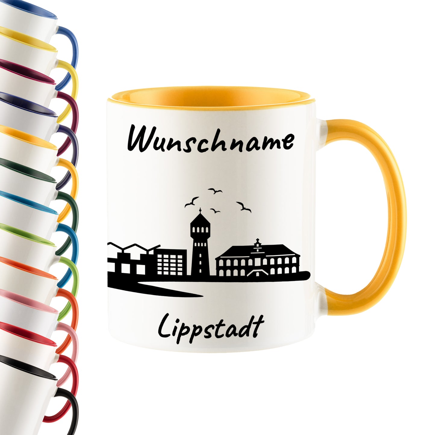 Tasse in Goldgelb 330ml bedruckt mit der Skyline von Lippstadt personalisierbar mit Wunschname