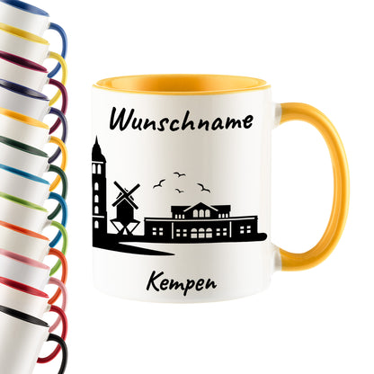 Tasse in Goldgelb 330ml bedruckt mit der Skyline von Kempen personalisierbar mit Wunschname