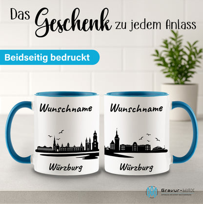 Tasse in Hellblau 330ml bedruckt mit der Skyline von Würzburg personalisierbar mit Wunschname