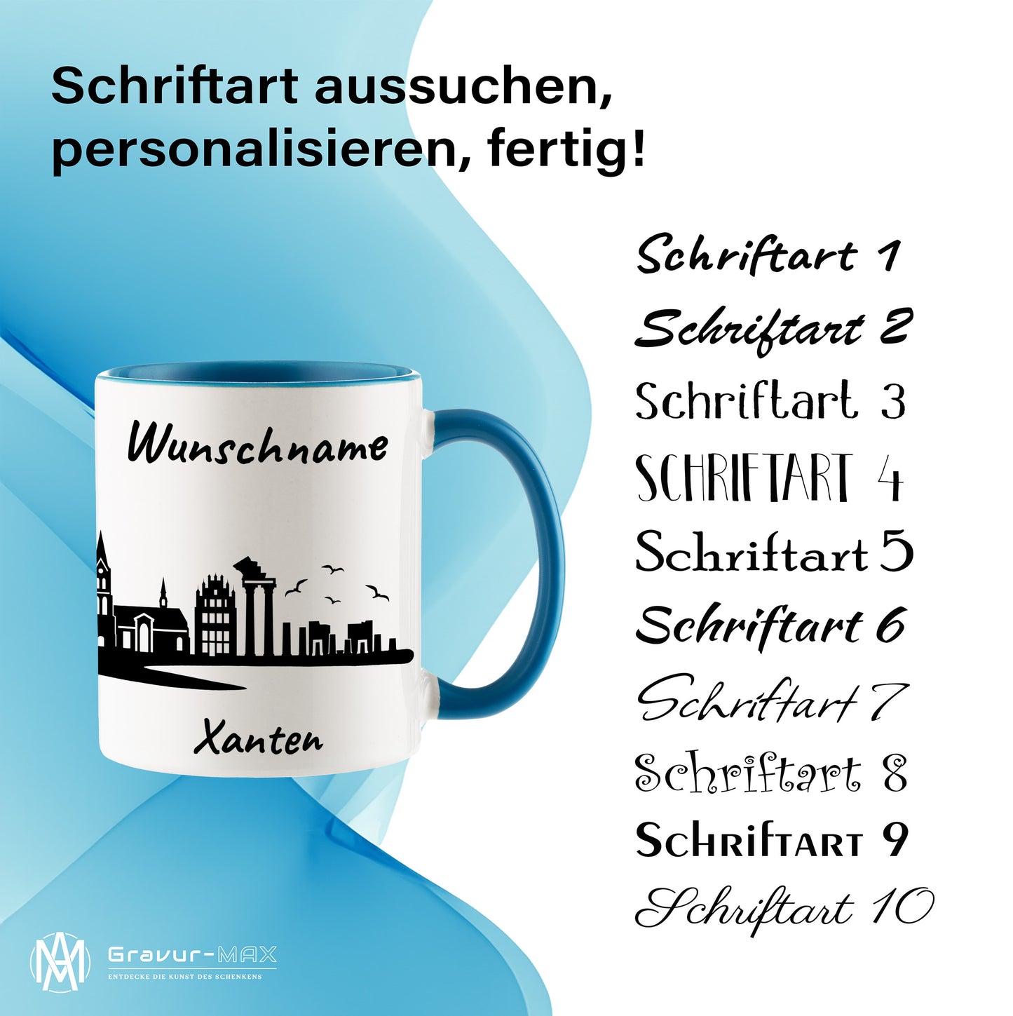 Tasse in Hellblau 330ml bedruckt mit der Skyline von Xanten personalisierbar mit Wunschname