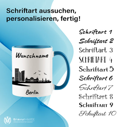 Tasse in Hellblau 330ml bedruckt mit der Skyline von Berlin personalisierbar mit Wunschname