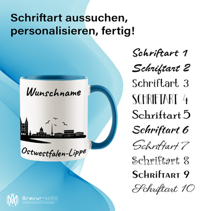 Tasse in Hellblau 330ml bedruckt mit der Skyline von Ostwestfalen-Lippe personalisierbar mit Wunschname