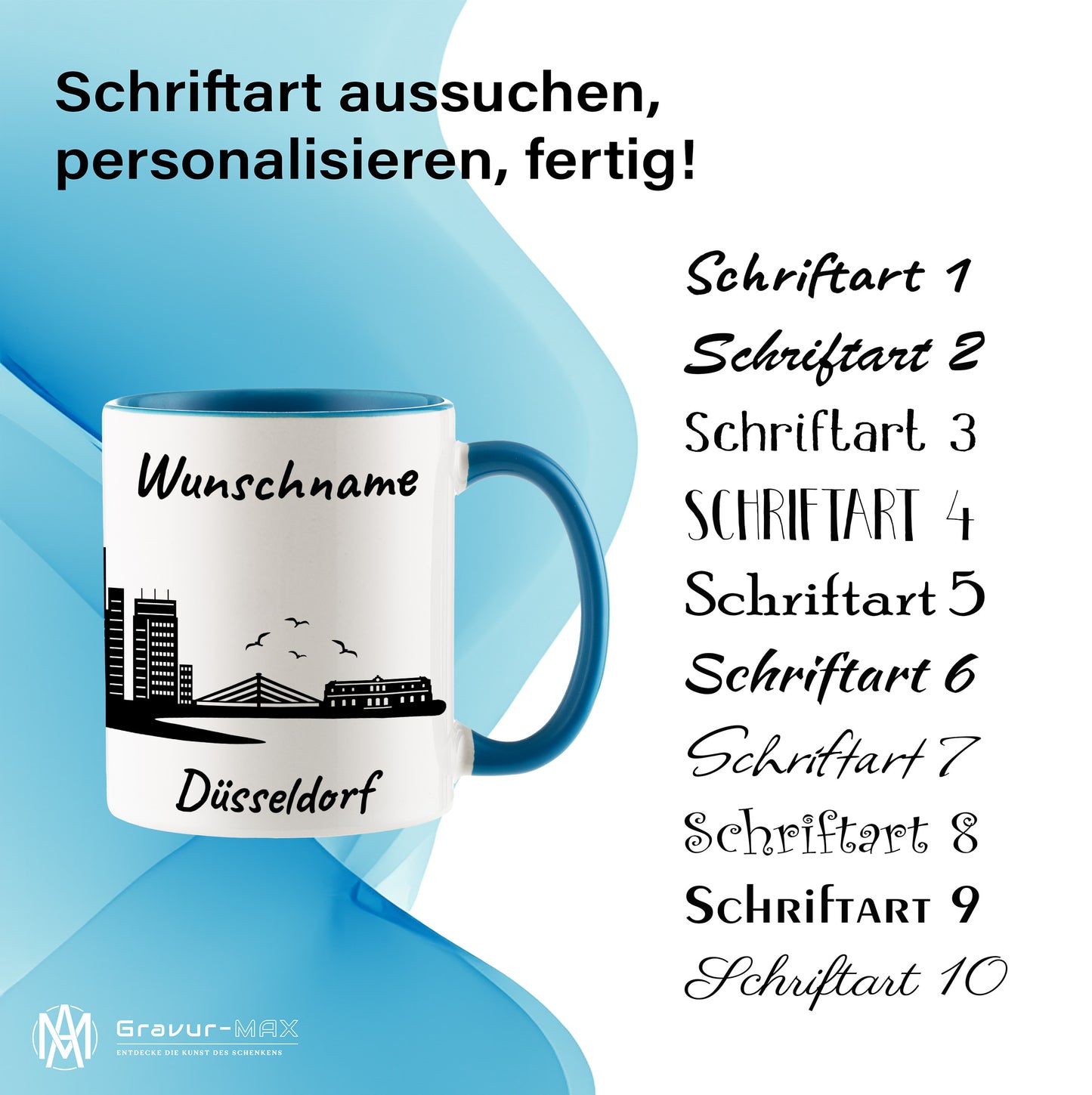 Tasse in Hellblau 330ml bedruckt mit der Skyline von Düsseldorf personalisierbar mit Wunschname