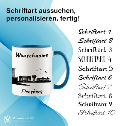 Tasse in Hellblau 330ml bedruckt mit der Skyline von Flensburg personalisierbar mit Wunschname