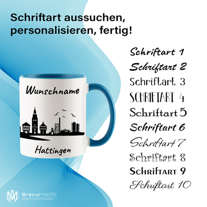 Tasse in Hellblau 330ml bedruckt mit der Skyline von Hattingen personalisierbar mit Wunschname