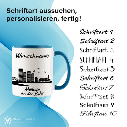Tasse in Hellblau 330ml bedruckt mit der Skyline von Mülheim an der Ruhr personalisierbar mit Wunschname