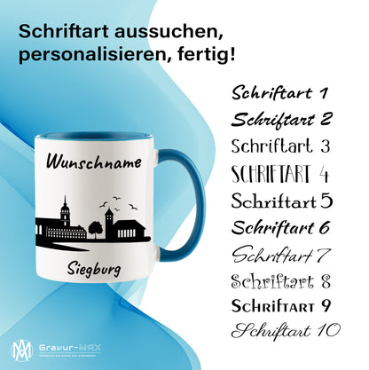 Tasse in Hellblau 330ml bedruckt mit der Skyline von Siegburg personalisierbar mit Wunschname