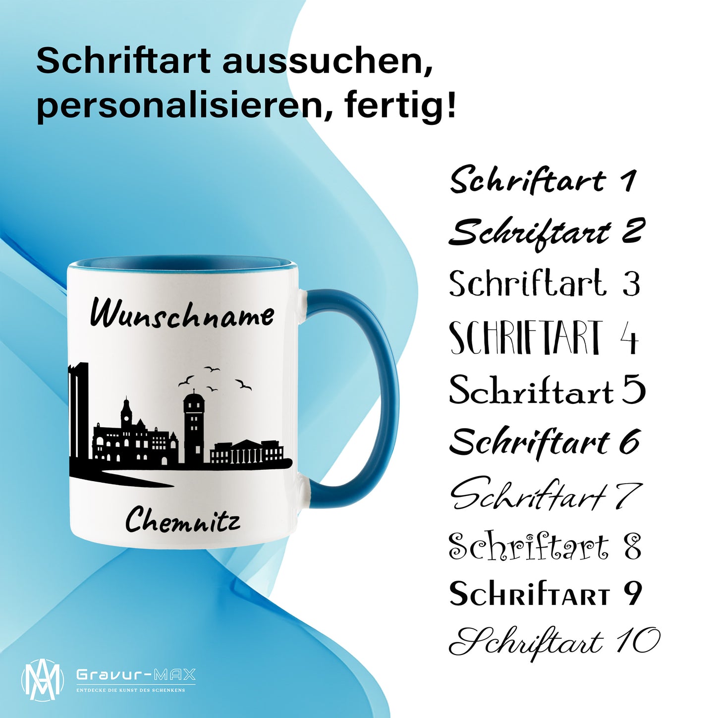 Tasse in Hellblau 330ml bedruckt mit der Skyline von Chemnitz personalisierbar mit Wunschname