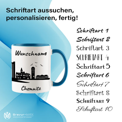 Tasse in Hellblau 330ml bedruckt mit der Skyline von Chemnitz personalisierbar mit Wunschname
