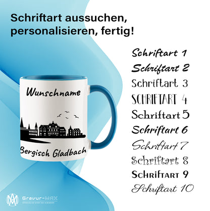 Tasse in Hellblau 330ml bedruckt mit der Skyline von Bergisch Gladbach personalisierbar mit Wunschname