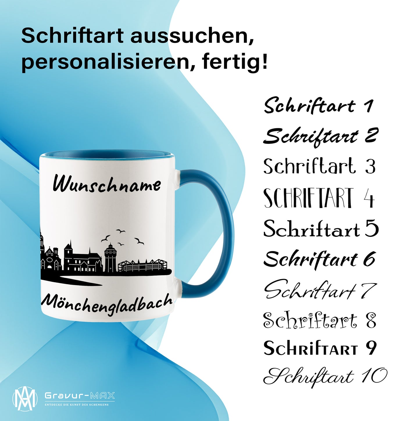 Tasse in Hellblau 330ml bedruckt mit der Skyline von Mönchengladbach personalisierbar mit Wunschname