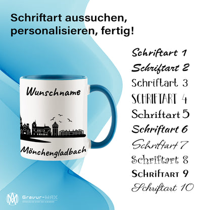Tasse in Hellblau 330ml bedruckt mit der Skyline von Mönchengladbach personalisierbar mit Wunschname