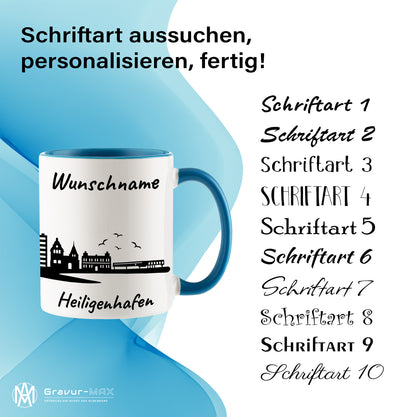 Tasse in Hellblau 330ml bedruckt mit der Skyline von Heiligenhafen personalisierbar mit Wunschname