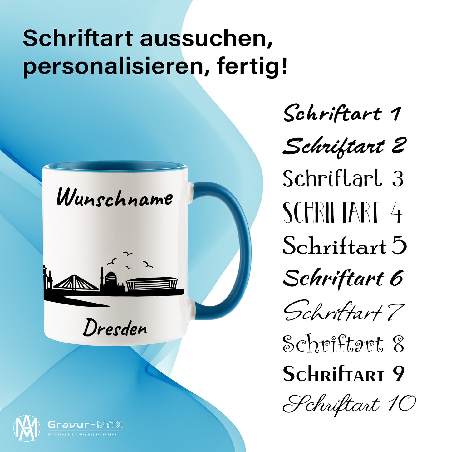Tasse in Hellblau 330ml bedruckt mit der Skyline von Dresden personalisierbar mit Wunschname