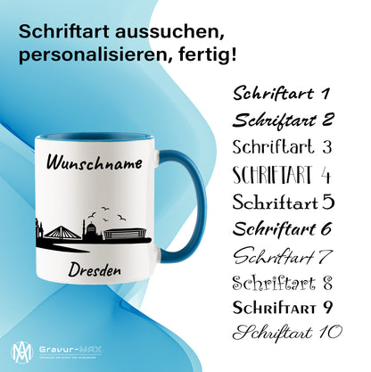 Tasse in Hellblau 330ml bedruckt mit der Skyline von Dresden personalisierbar mit Wunschname
