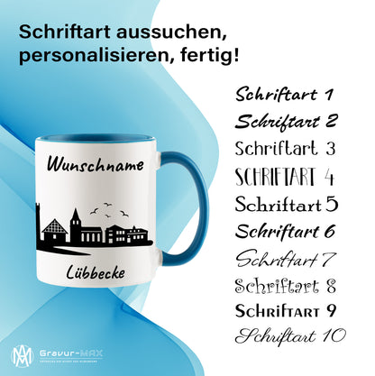 Tasse in Hellblau 330ml bedruckt mit der Skyline von Lübbecke personalisierbar mit Wunschname