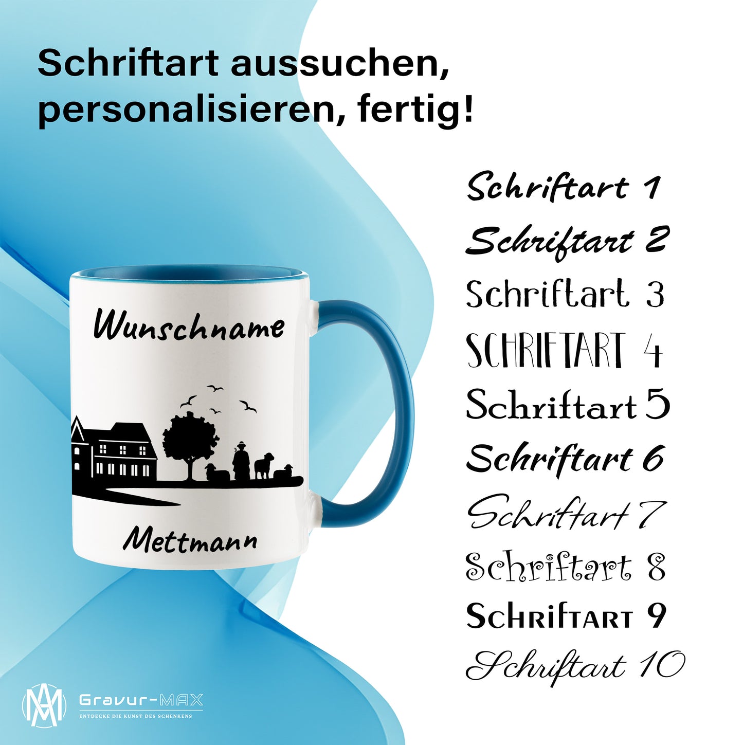 Tasse in Hellblau 330ml bedruckt mit der Skyline von Mettmann personalisierbar mit Wunschname