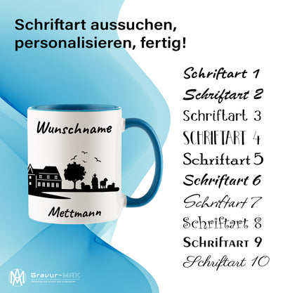 Tasse in Hellblau 330ml bedruckt mit der Skyline von Mettmann personalisierbar mit Wunschname