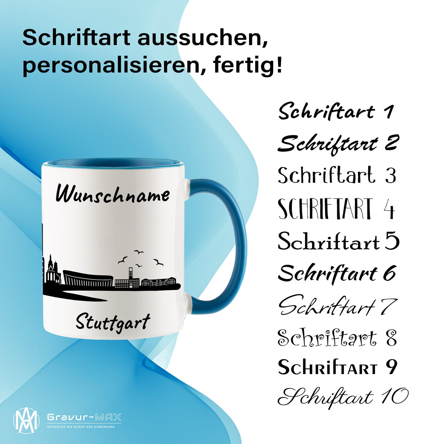 Tasse in Hellblau 330ml bedruckt mit der Skyline von Stuttgart personalisierbar mit Wunschname