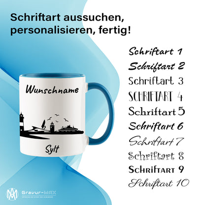 Tasse in Hellblau 330ml bedruckt mit der Skyline von Sylt personalisierbar mit Wunschname
