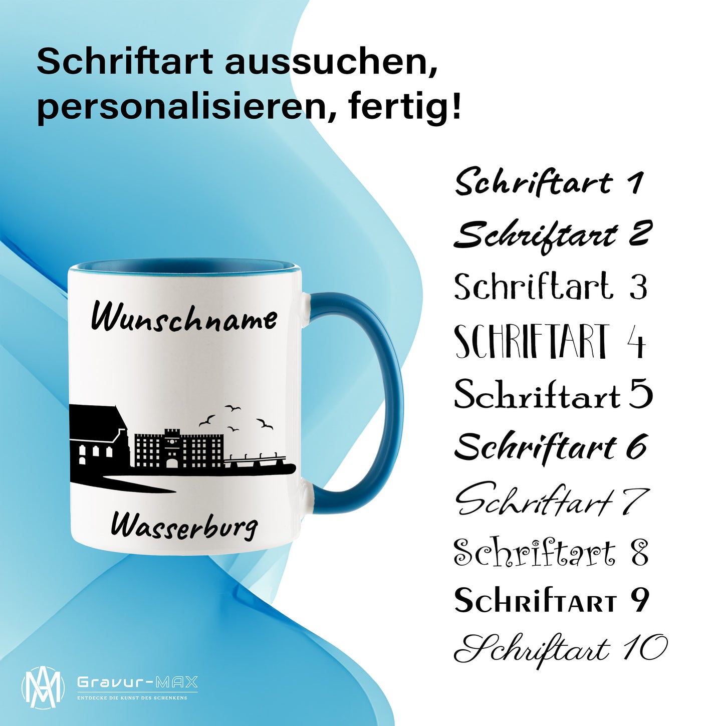 Tasse in Hellblau 330ml bedruckt mit der Skyline von Wasserburg personalisierbar mit Wunschname