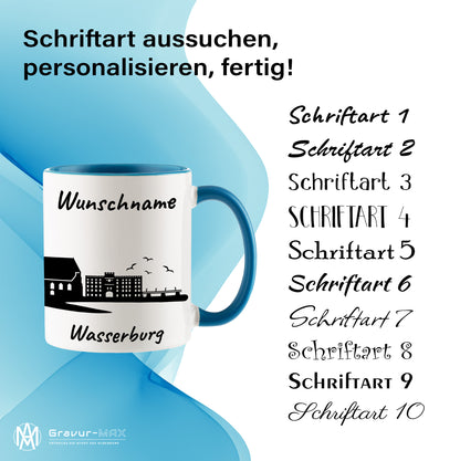 Tasse in Hellblau 330ml bedruckt mit der Skyline von Wasserburg personalisierbar mit Wunschname