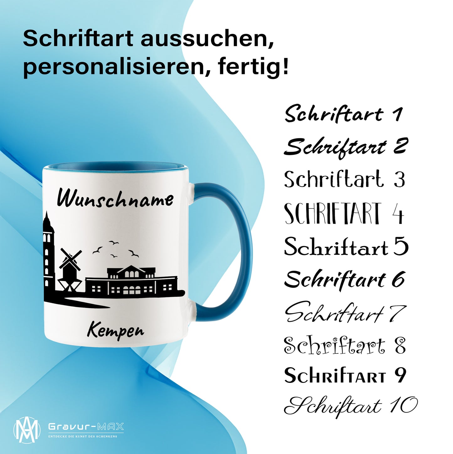 Tasse in Hellblau 330ml bedruckt mit der Skyline von Kempen personalisierbar mit Wunschname
