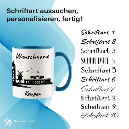 Tasse in Hellblau 330ml bedruckt mit der Skyline von Kempen personalisierbar mit Wunschname