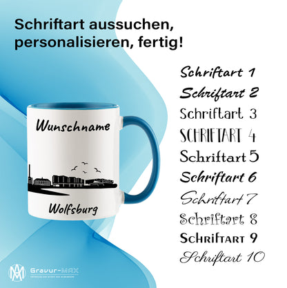 Tasse in Hellblau 330ml bedruckt mit der Skyline von Wolfsburg personalisierbar mit Wunschname