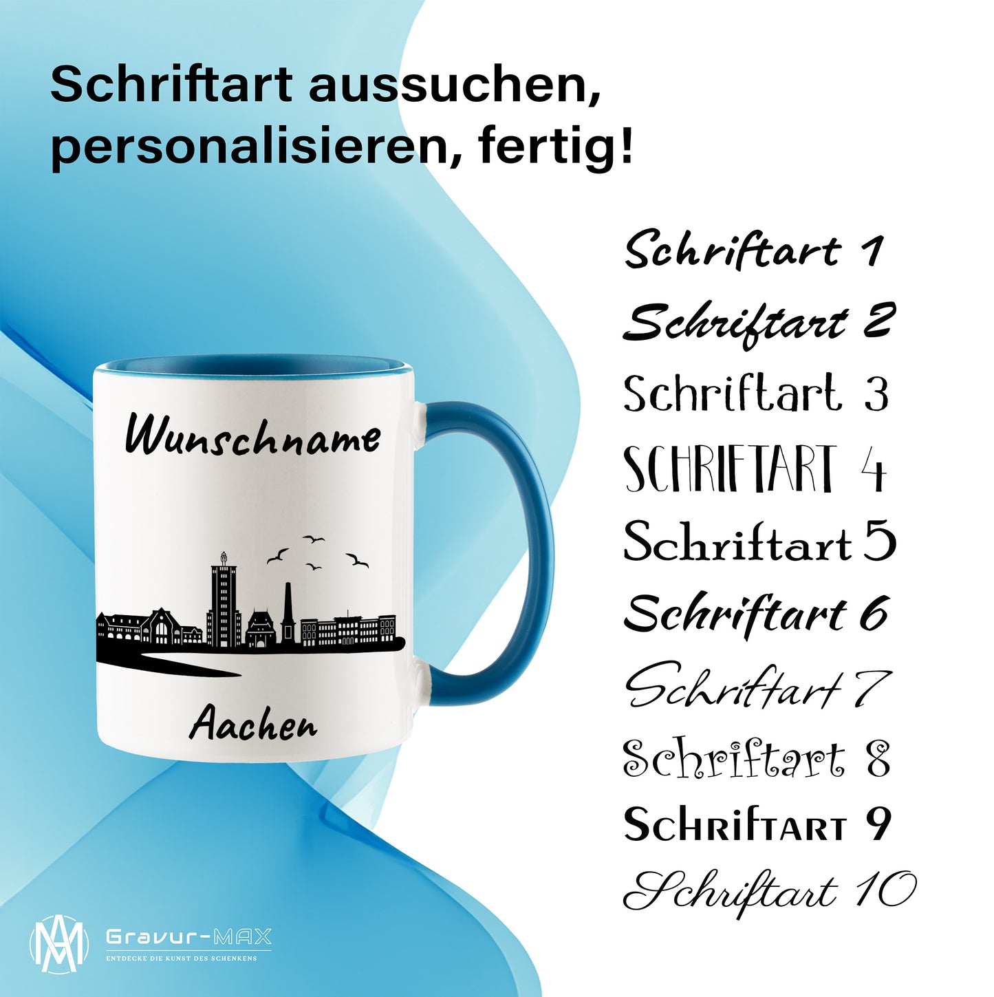 Tasse in Hellblau 330ml bedruckt mit der Skyline von Aachen personalisierbar mit Wunschname