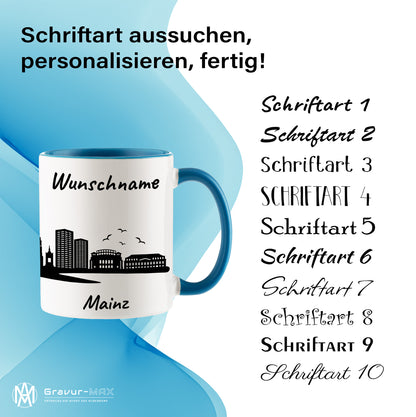 Tasse in Hellblau 330ml bedruckt mit der Skyline von Mainz personalisierbar mit Wunschname