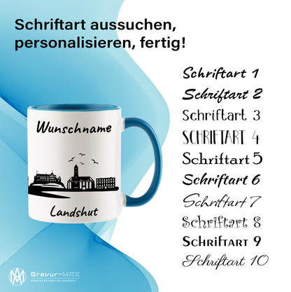 Tasse in Hellblau 330ml bedruckt mit der Skyline von Landshut personalisierbar mit Wunschname