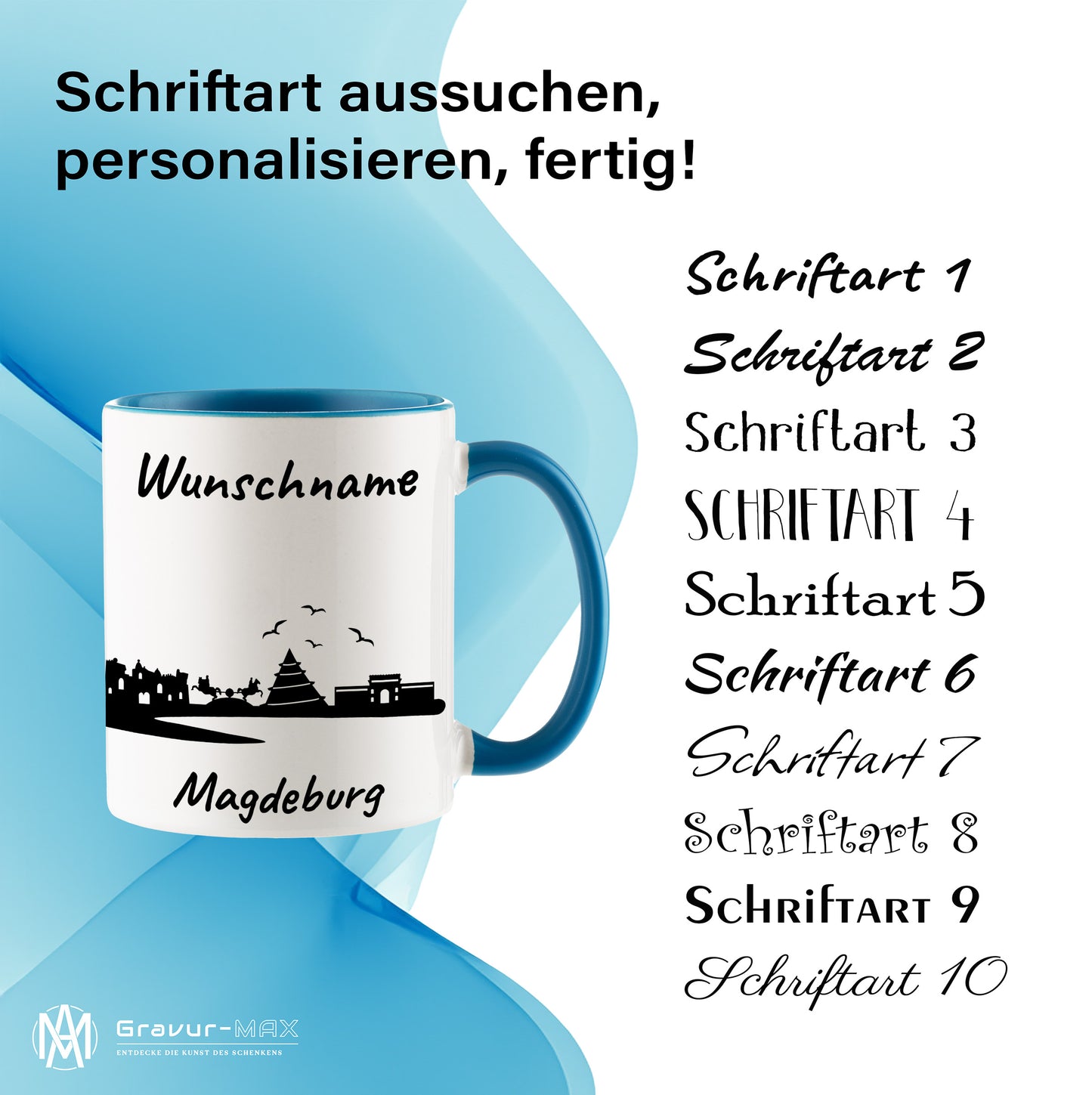 Tasse in Hellblau 330ml bedruckt mit der Skyline von Magdeburg personalisierbar mit Wunschname