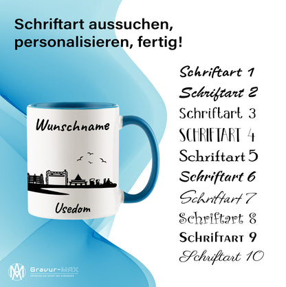 Tasse in Hellblau 330ml bedruckt mit der Skyline von Usedom personalisierbar mit Wunschname