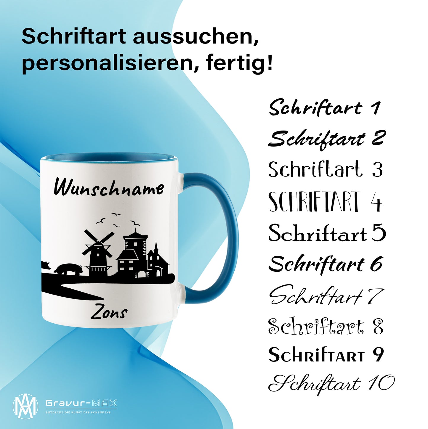 Tasse in Hellblau 330ml bedruckt mit der Skyline von Zons (Dormagen) personalisierbar mit Wunschname