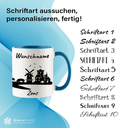Tasse in Hellblau 330ml bedruckt mit der Skyline von Zons (Dormagen) personalisierbar mit Wunschname