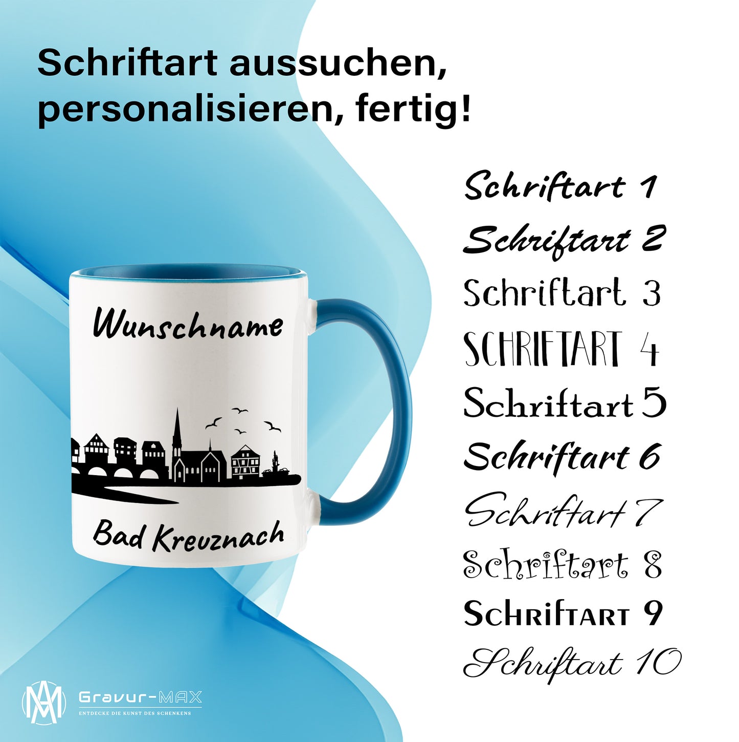 Tasse in Hellblau 330ml bedruckt mit der Skyline von Bad Kreuznach personalisierbar mit Wunschname