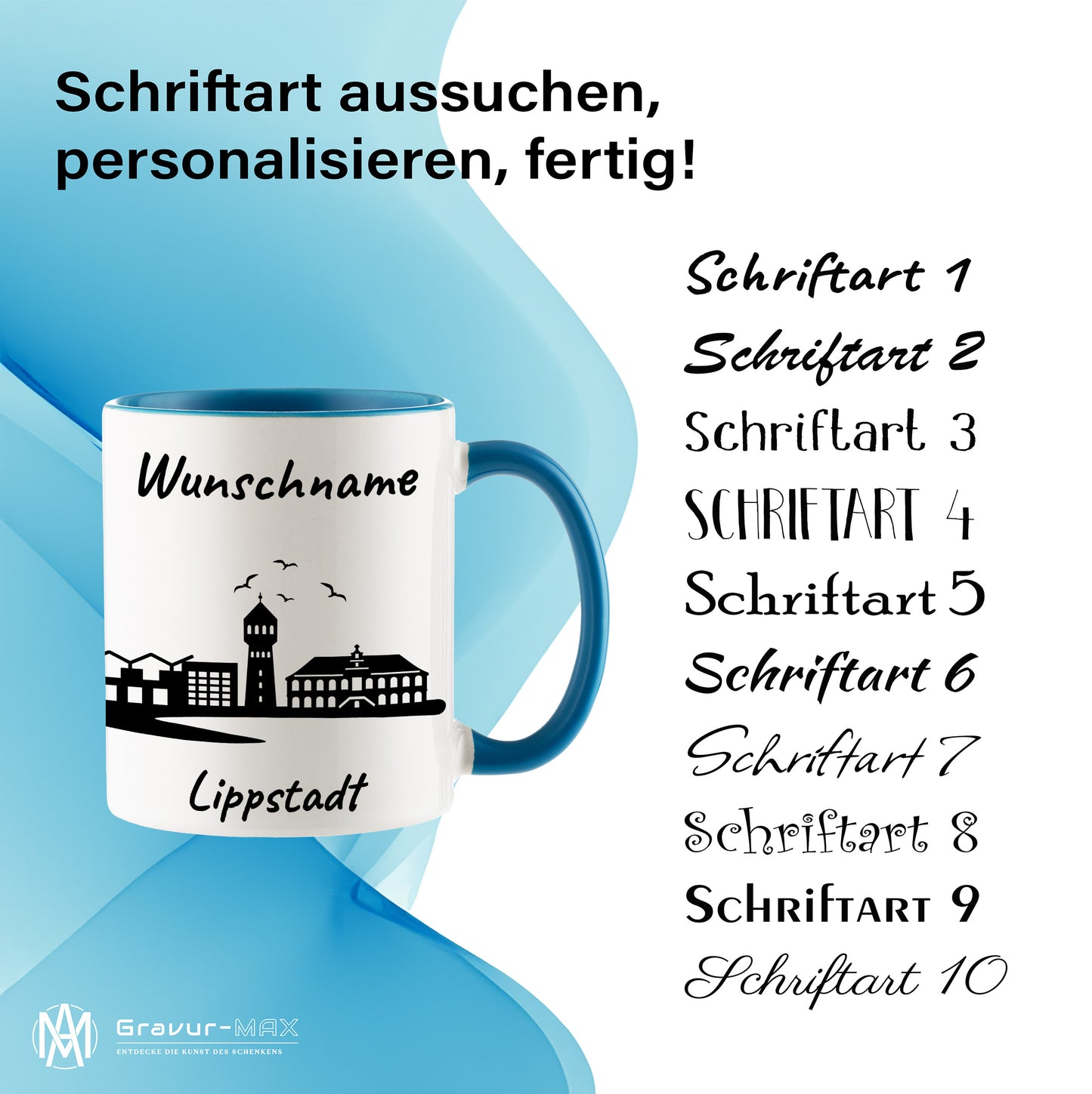 Tasse in Hellblau 330ml bedruckt mit der Skyline von Lippstadt personalisierbar mit Wunschname