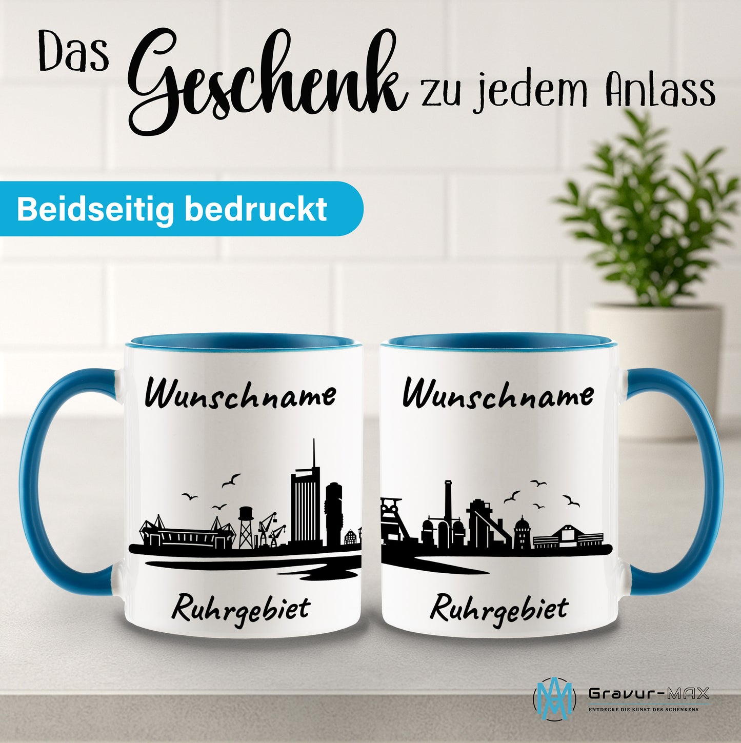 Tasse in Hellblau 330ml bedruckt mit der Skyline von Ruhrgebiet personalisierbar mit Wunschname