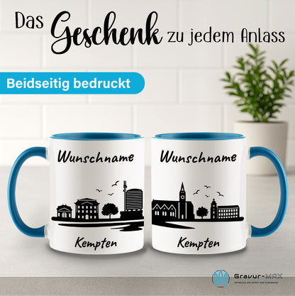Tasse in Hellblau 330ml bedruckt mit der Skyline von Kempten personalisierbar mit Wunschname