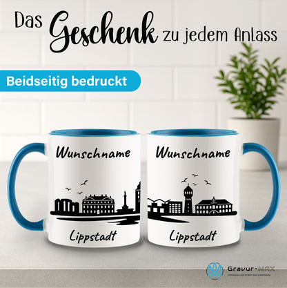 Tasse in Hellblau 330ml bedruckt mit der Skyline von Lippstadt personalisierbar mit Wunschname