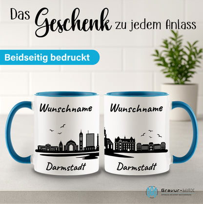Tasse in Hellblau 330ml bedruckt mit der Skyline von Darmstadt personalisierbar mit Wunschname