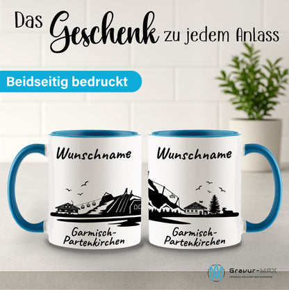 Tasse in Hellblau 330ml bedruckt mit der Skyline von Garmisch-Partenkirchen personalisierbar mit Wunschname
