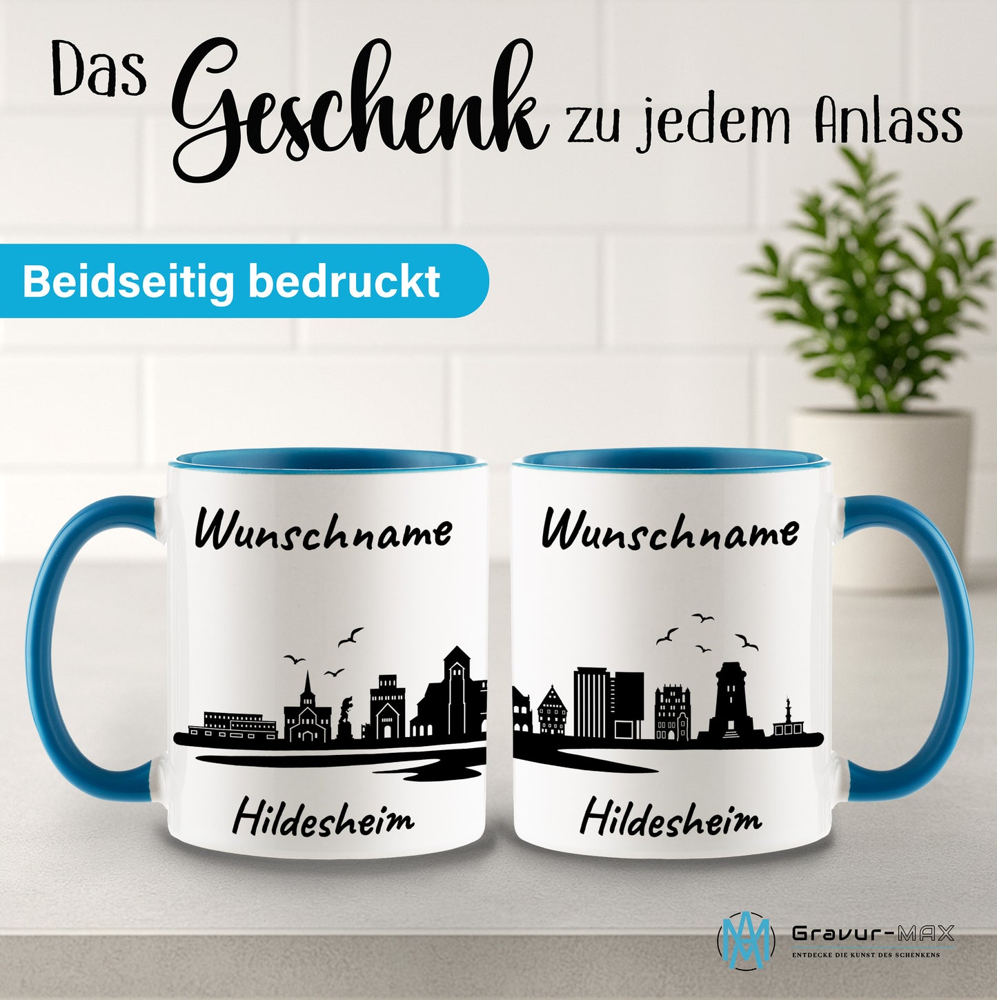 Tasse in Hellblau 330ml bedruckt mit der Skyline von Hildesheim personalisierbar mit Wunschname