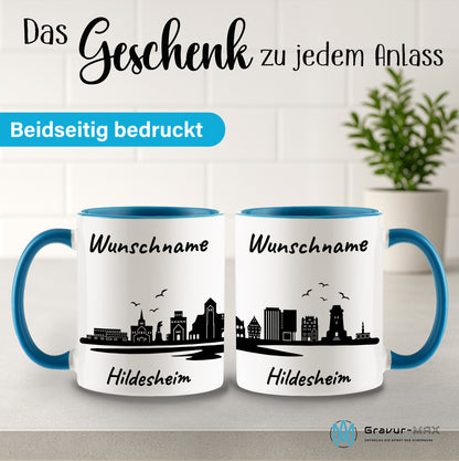 Tasse in Hellblau 330ml bedruckt mit der Skyline von Hildesheim personalisierbar mit Wunschname