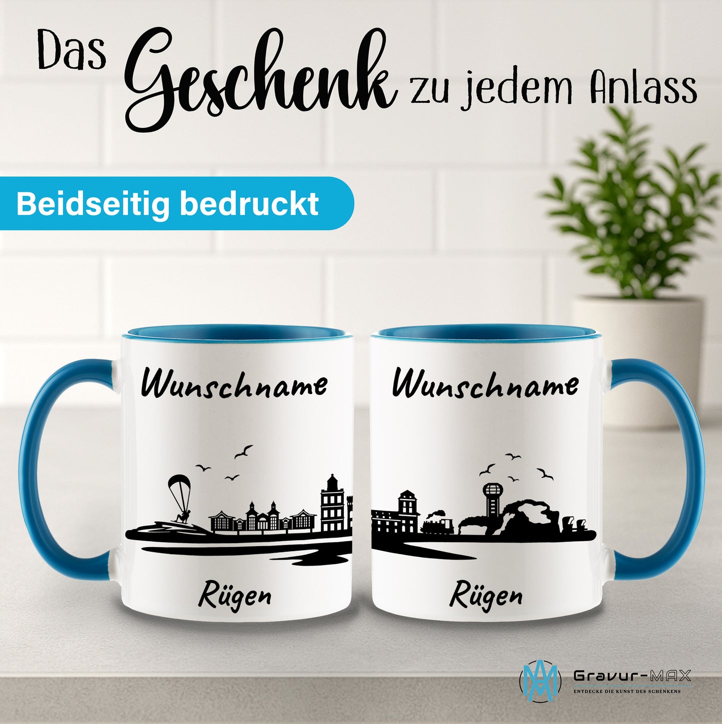 Tasse in Hellblau 330ml bedruckt mit der Skyline von Rügen personalisierbar mit Wunschname