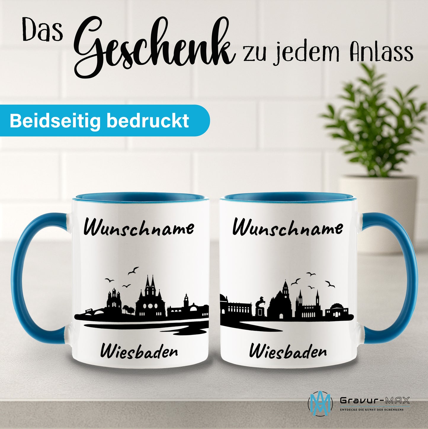 Tasse in Hellblau 330ml bedruckt mit der Skyline von Wiesbaden personalisierbar mit Wunschname
