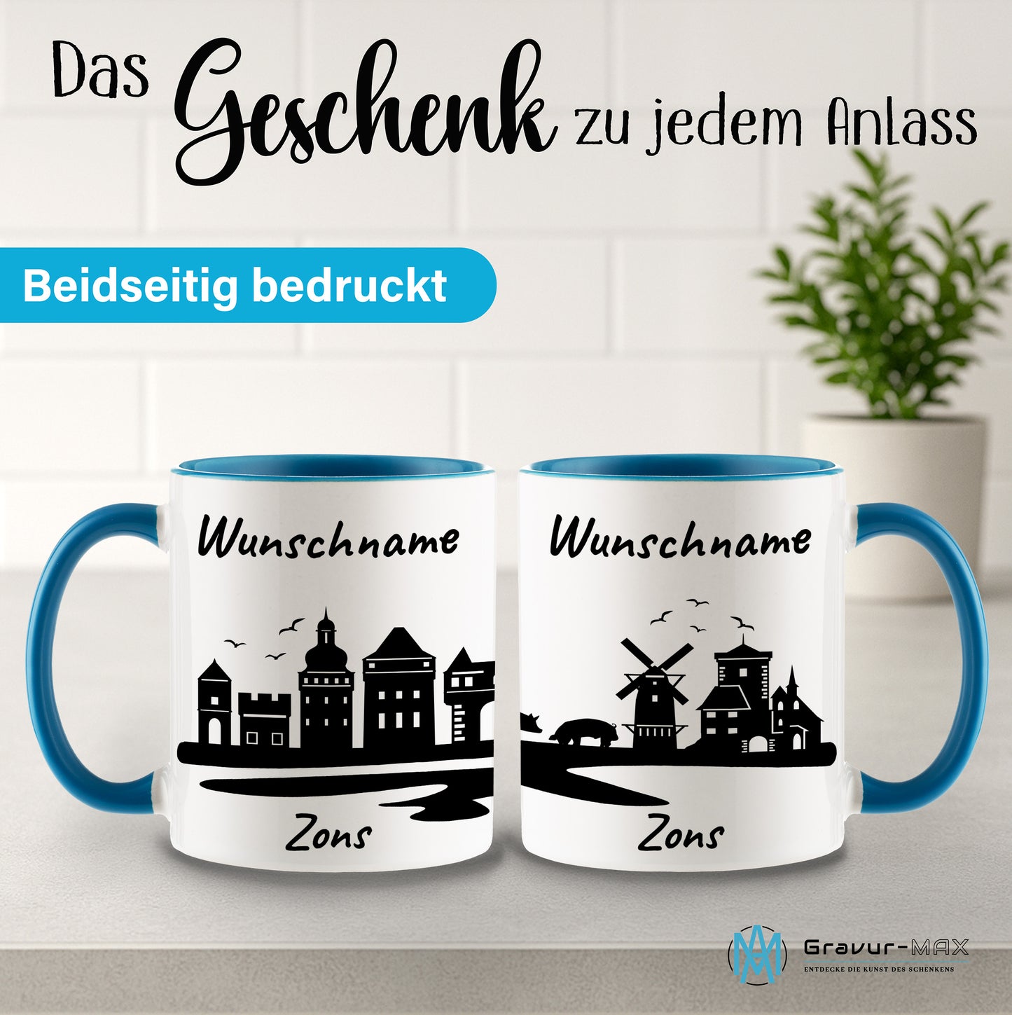 Tasse in Hellblau 330ml bedruckt mit der Skyline von Zons (Dormagen) personalisierbar mit Wunschname