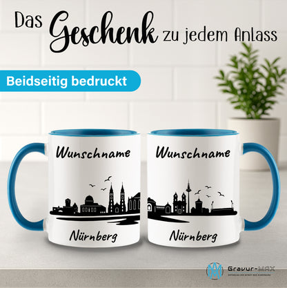 Tasse in Hellblau 330ml bedruckt mit der Skyline von Nürnberg personalisierbar mit Wunschname